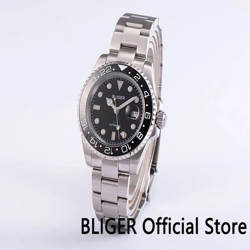 BLIGER 40 мм GMT Функция сапфир Стекло Для мужчин часы черный циферблат Керамика