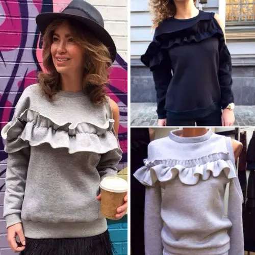 

Autumn&Winter Women Long Sleeve Hoodies Female Ruffle Sweatshirt Jumper Off Shoulder Casual Pullover