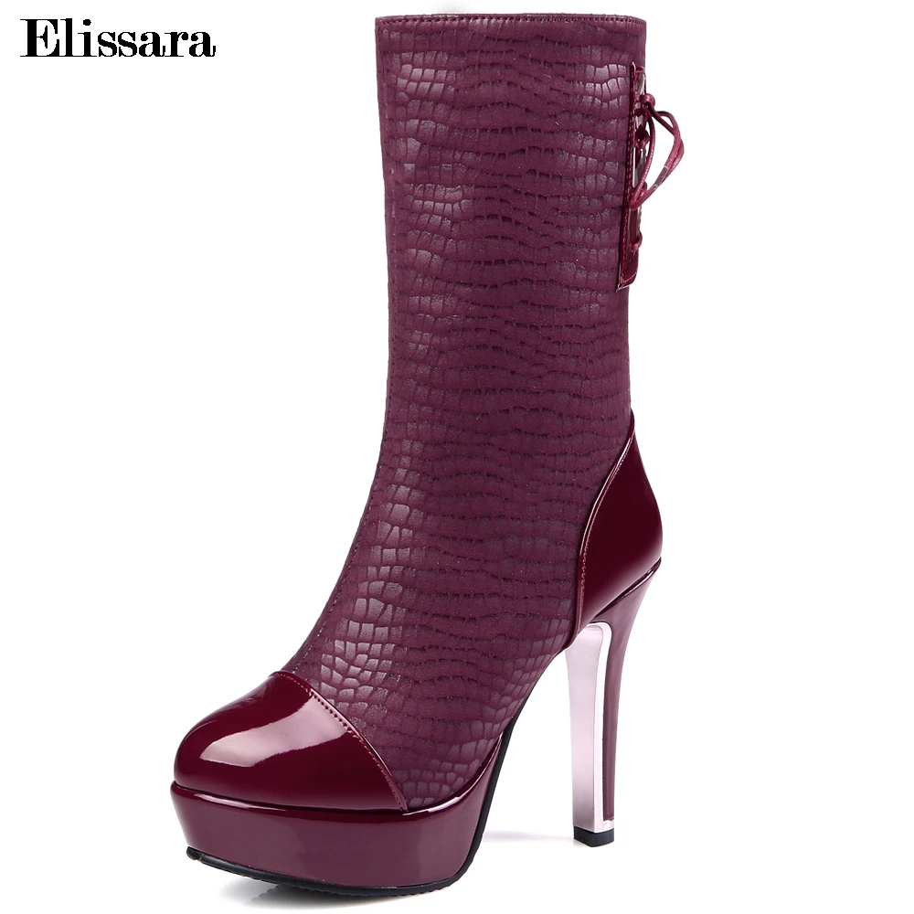 Elisssara Plus Size 33-47 Women High Heels Mid Calf Boots Elegant Thick Platform Lace Up Winter Shoes | Обувь