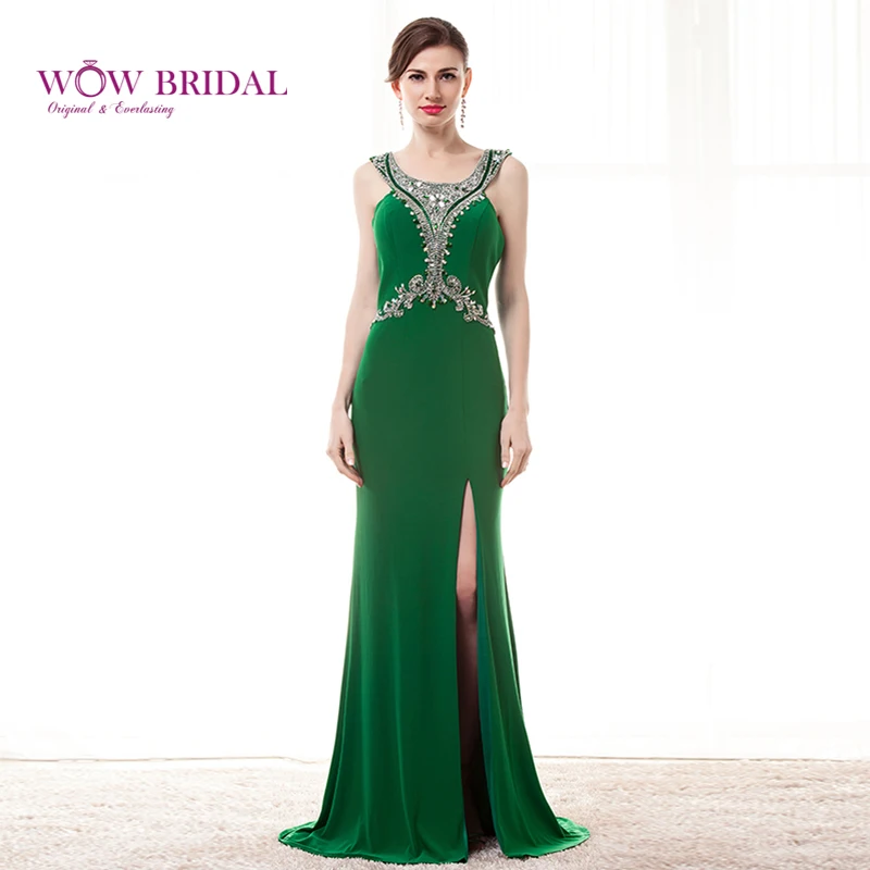 

Wowbridal Sexy Green Long Evening Dress 2021 Scoop Beaded V-Neck Open Back High Split Crystal Sash Sweep Train A-Line Party Gown