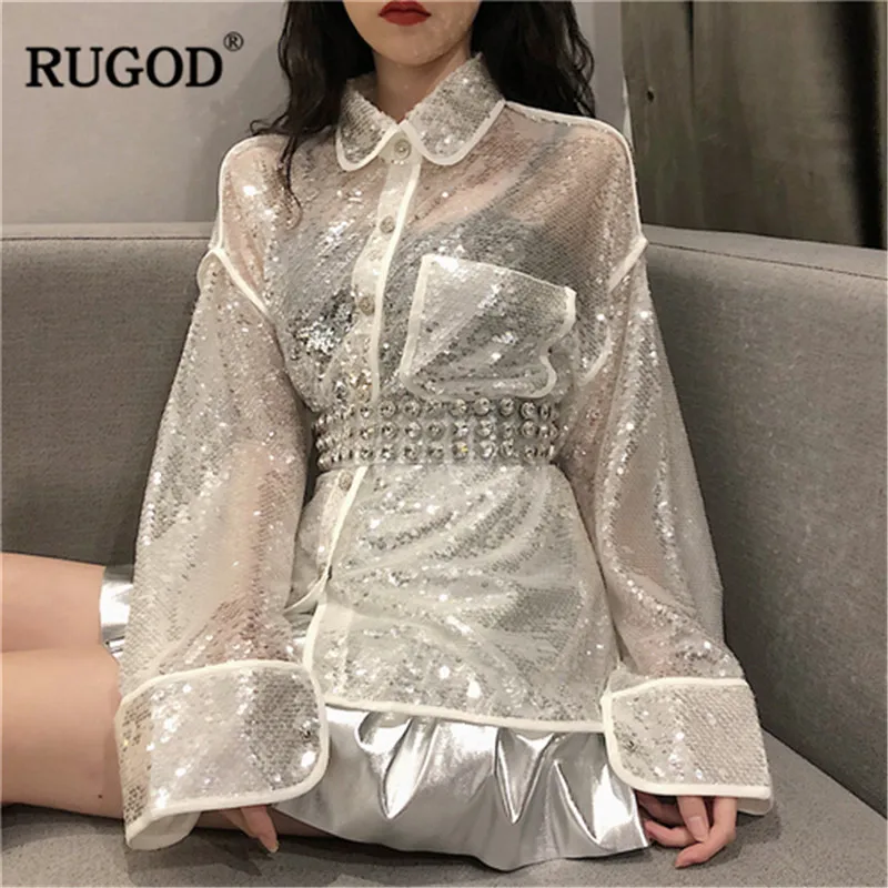 Женская прозрачная блузка RUGOD с отложным воротником и карманами расшитая
