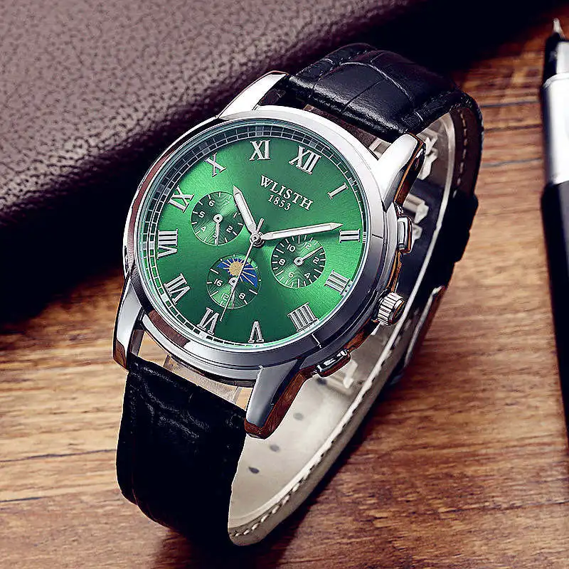 leather blackgreen10 WLISTH мужские настольные спортивные светящиеся водонепроницаемые наручные часы для отдыха, мужские кожаные кварцевые часы Rolex_watch - Цвет: leather blackgreen10