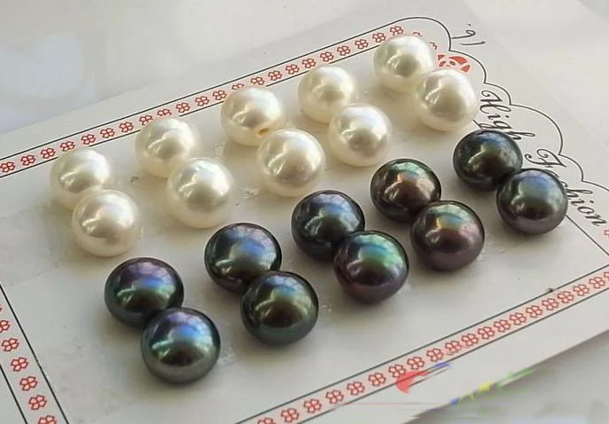 

2018 New Arriver Pearl Jewellery 10 Pairs 11-12MM Black White Color Flat Round Freshwater Pearl Earrings 925 Silver Stud Earring