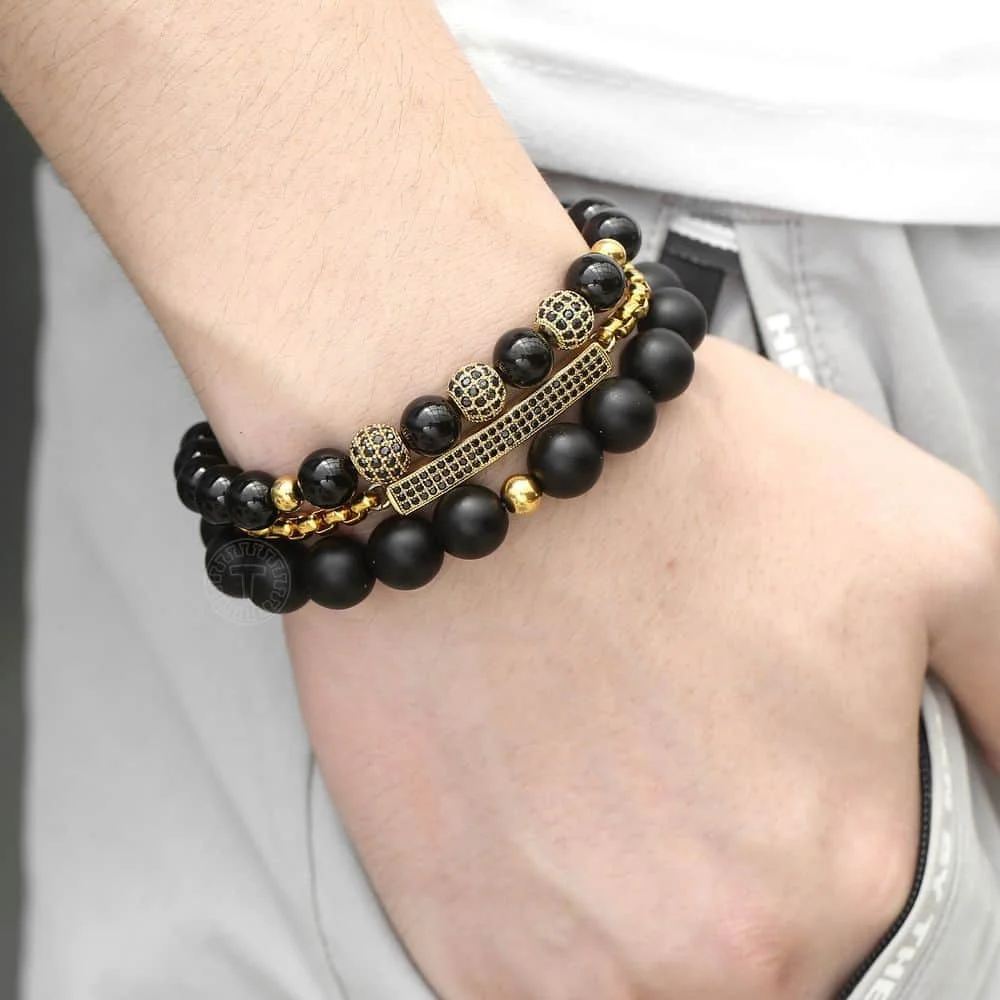 Набор из 3 черных бусин покрытых фианитами браслет для мужчин и женщин золотая