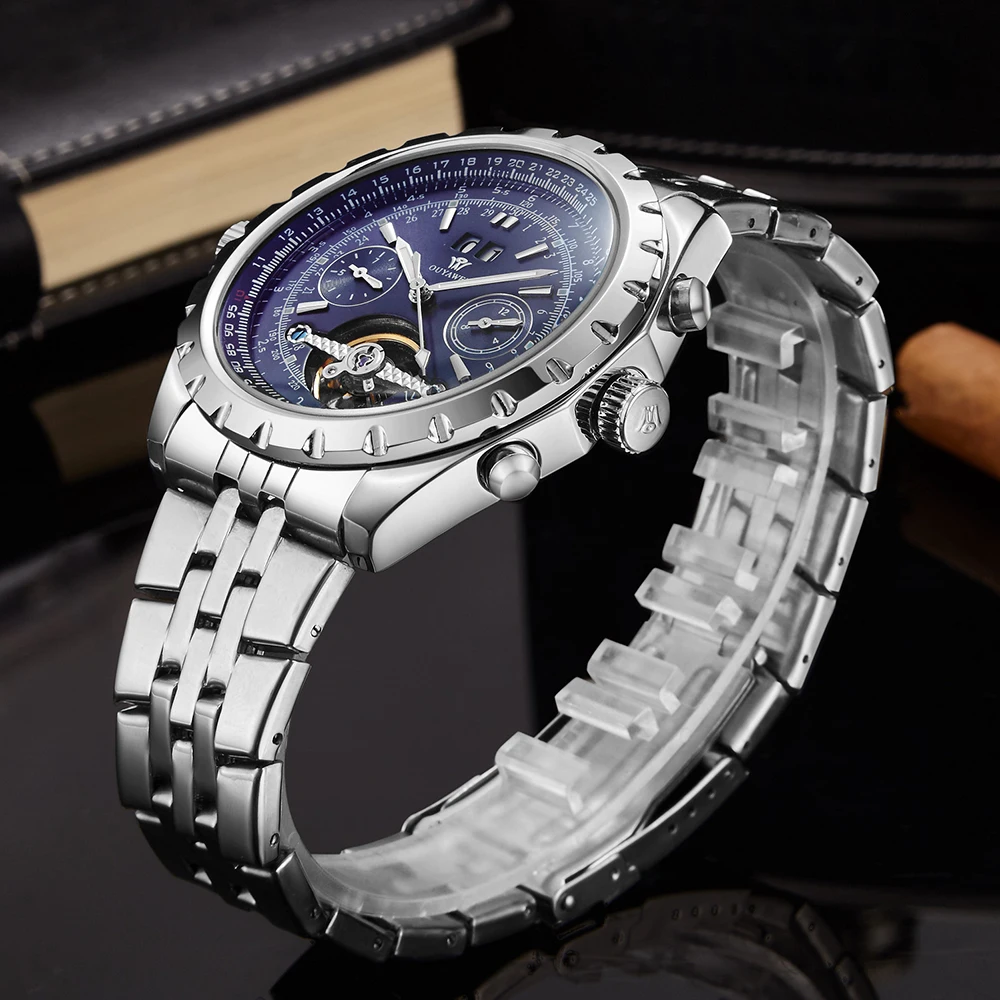 

OUYAWEI Fashion Clock Men Auto Day Date Flywheel Mechanical Stainless Steel Wristwatch Tourbillon Automatic Watch Reloj Hombre