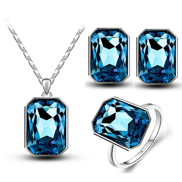 Sliver Crystalblue 3 шт./компл. queen брендовые свадебные туфли с украшением в виде кристаллов Квадратные подвесные Цепочки и ожерелья, серьги, кольцо, Модные украшения наборы для вечерние Стекло ювелирные изделия - Окраска металла: Sliver Crystalblue