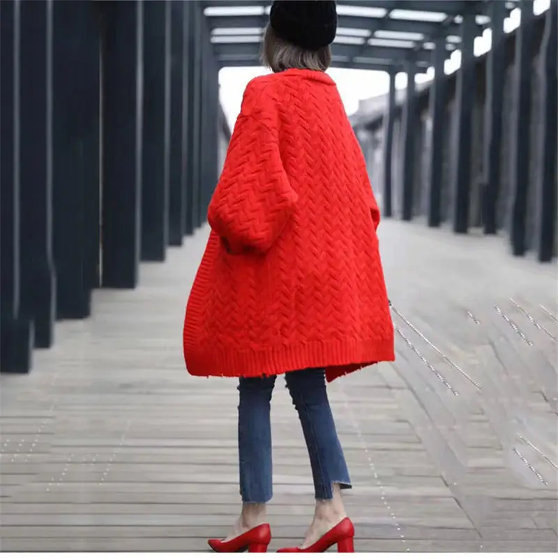 Korean Twist Long Sweater Jacket Women Knit Cardigan Woman Loose Lantern Sleeves Knitting Coat Thick Spring blusa de croche f225 |