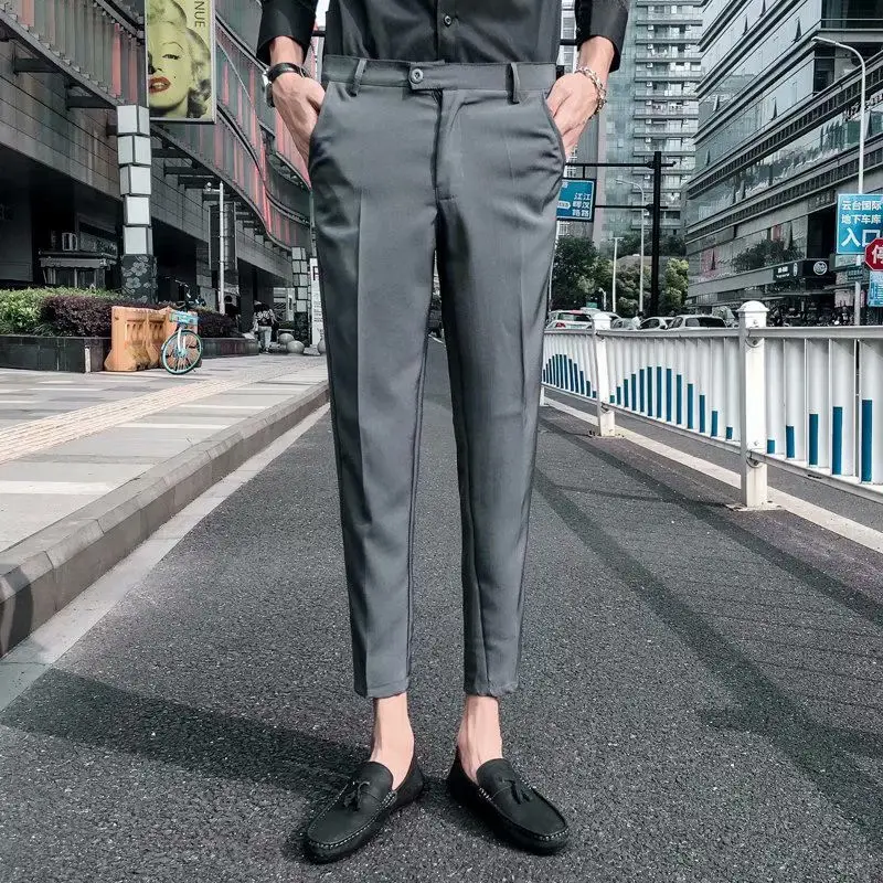 Trousers Dark Gery Драпировка девять очков костюм брюки мужские тонкие ноги летняя Молодежная Корейская версия тренда бизнес горячая 9 очков повседневные брюки - Цвет: Trousers Dark Gery