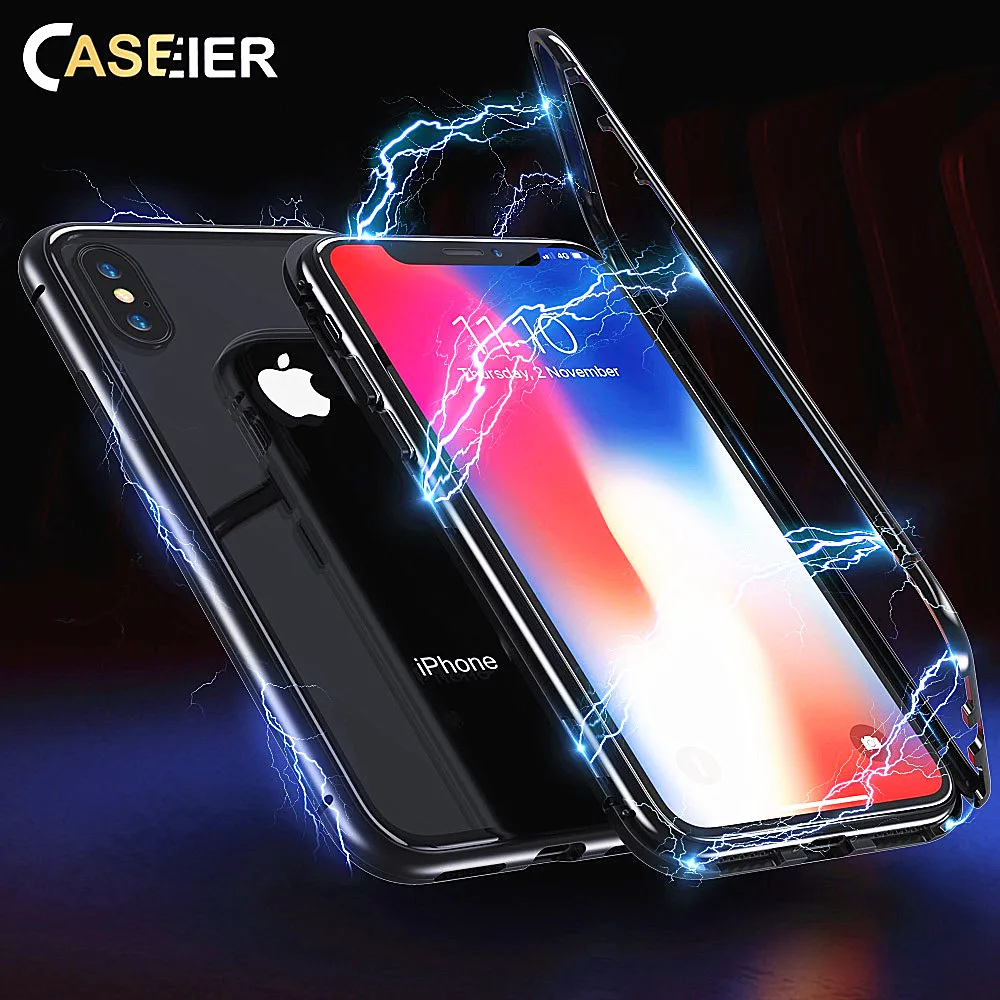 CASEIER ультра Магнитный чехол для телефона iPhone X 7 8 9 H закаленное Стекло крышка Plus
