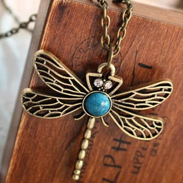 Ретро стиль бронзовая Стрекоза Длинная цепочка Свитер Ожерелье Подвеска для