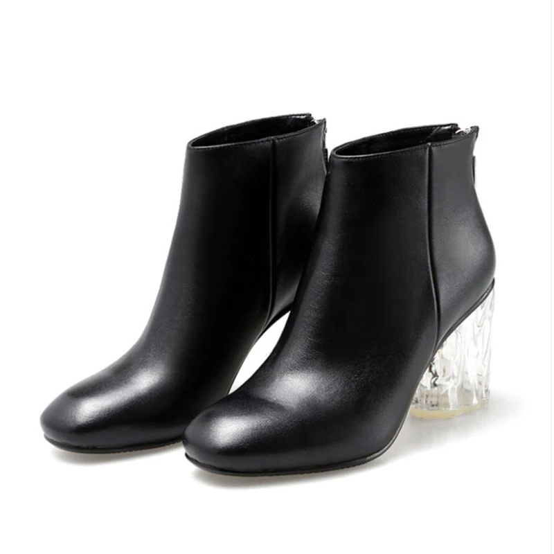 Top Quality Women Winter Boots Genuine Leather Square Toe High Heel Black Transparent Back Zipper Ankle | Обувь