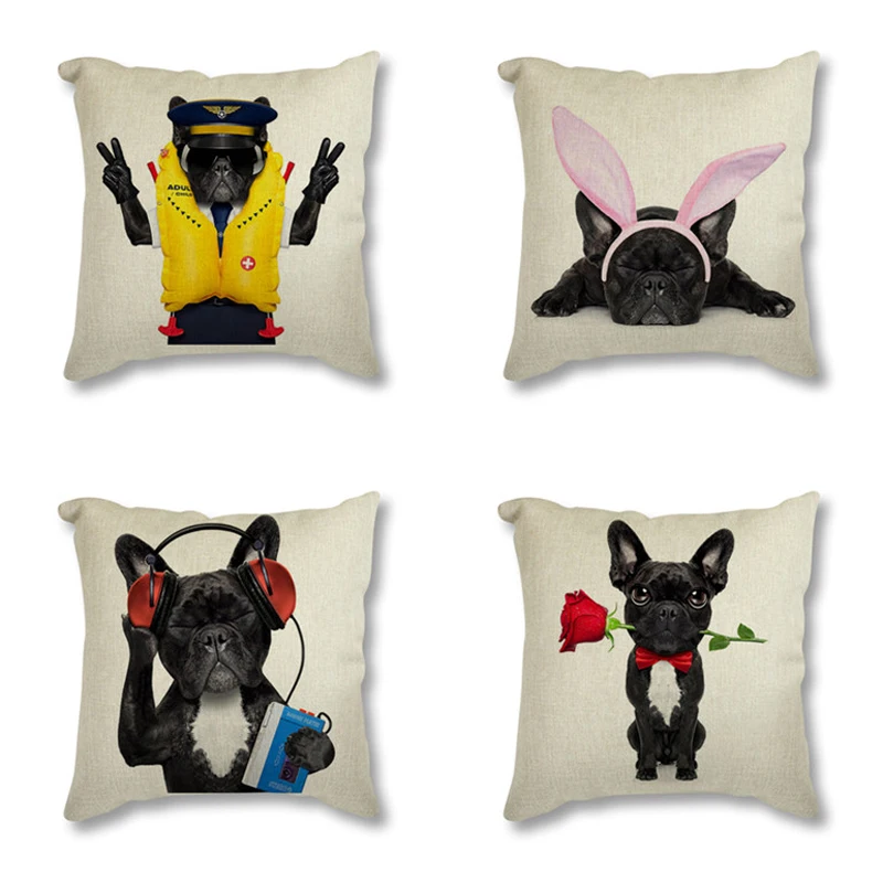 

Cute Hippie Dog Pet Bulldog Poster Print Pillowcase Decorative Cushion Cover Nordic Throw Pillow Case Seat Cushion for Sofa
