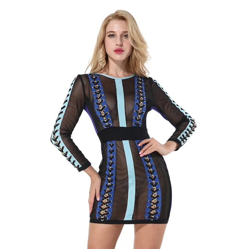 Пикантные сетчатые Цвет матч зашнуровать Bodycon платье Высокое качество Новая мода