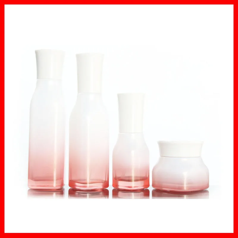 

100ml Glass Lotion/spray Pump Empty Bottle/50g jar White Cap Gradient Red Cosmetic Packing Container 100pcs/lot