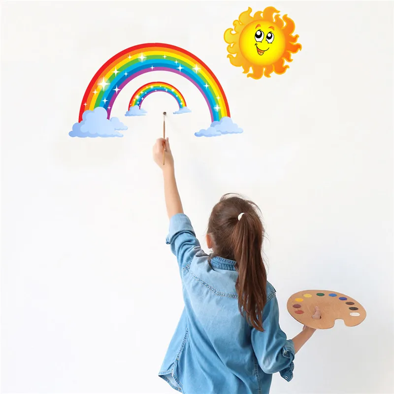 

1PCS Cartoon Sun Rainbow Wall Sticker PVC Wallpaper For Baby Kid Kindergarten Bedroom Wall Decoration Kids Room Mural 30*30CM