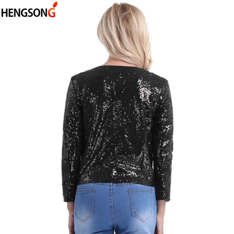 

Autumn Women Elegant Sequined Short Blazer Jacket Coat Female Three Quarter Sleeve Black Silver Jacket / Small Blazer