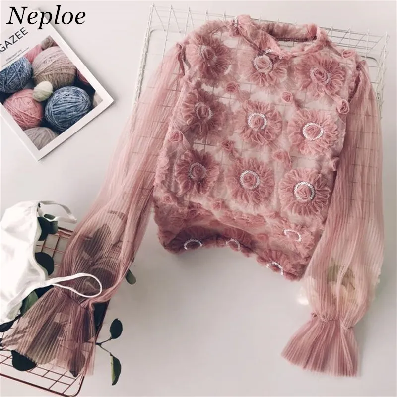 Neploe 3D Цветочный Принт Ruched сетки для женщин Блузка Стенд воротник перспектива Grace