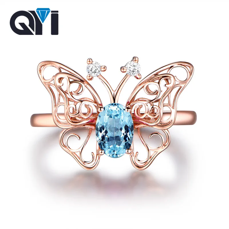 

QYI Butterfly Shape 925 Silver Oval Cut Natural Topaz Ring Rose Gold Color Gemstone Rings For Women Party Fine Jewelry