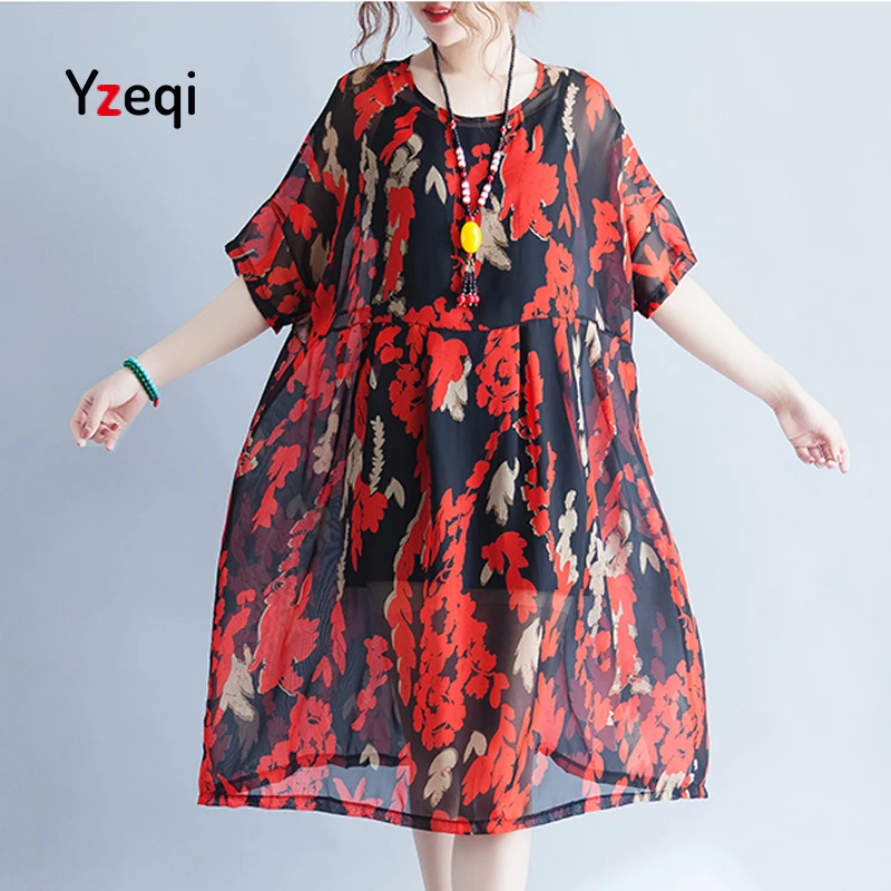Yzeqi Women Bohemian Vintage Summer Dress Print Short Regular Thin Loose Big Swing Ladies Beach Casual Elegant Dresses | Женская одежда