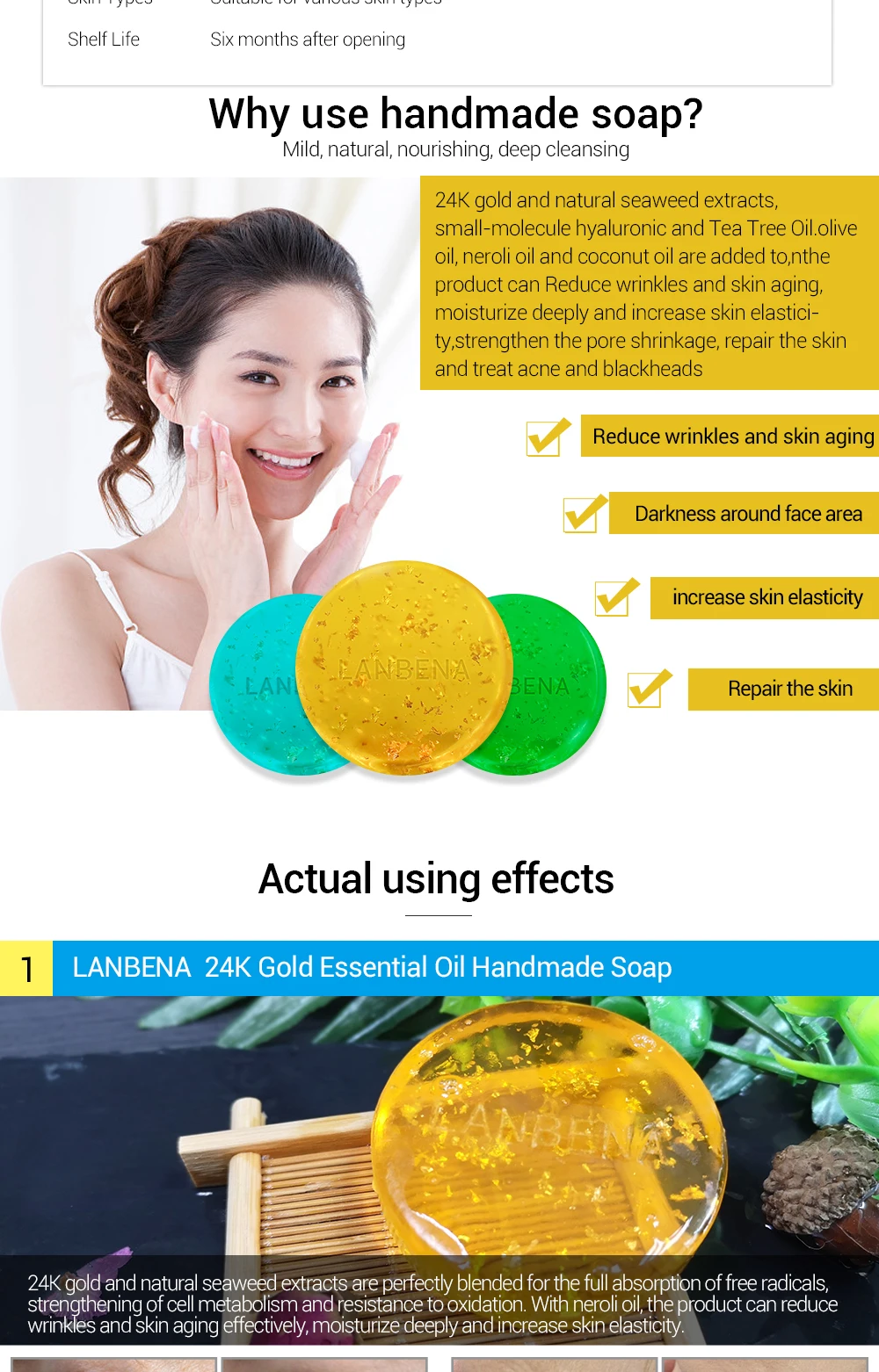 Купить 3 получить 1 подарок LANBENA 24K золото мыло ручной работы гиалуроновая кислота+ морские водоросли+ чайное дерево Очищение лица 3 шт+ черника отбеливающая сыворотка