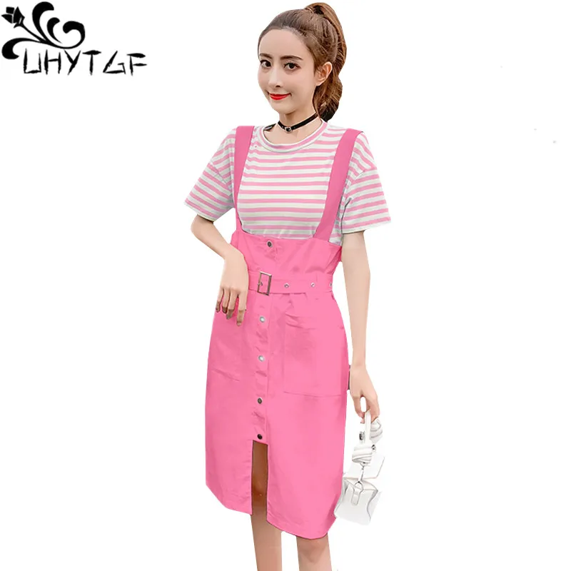 

UHYTGF Spring two piece set top and skirt Cute girl suits women Fashion striped t-shirt top Elegant lady loose plus size sets F3