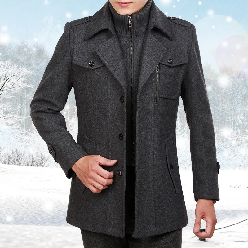 

New Men's Wool Blend Coat Long Sleeve Stand Collar Business Casual Jacket Thick Warm Plus Size Male Outwear H18