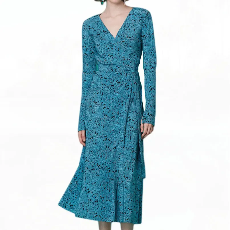 Женское винтажное платье с v образным вырезом и длинным рукавом Зеленое Длинное