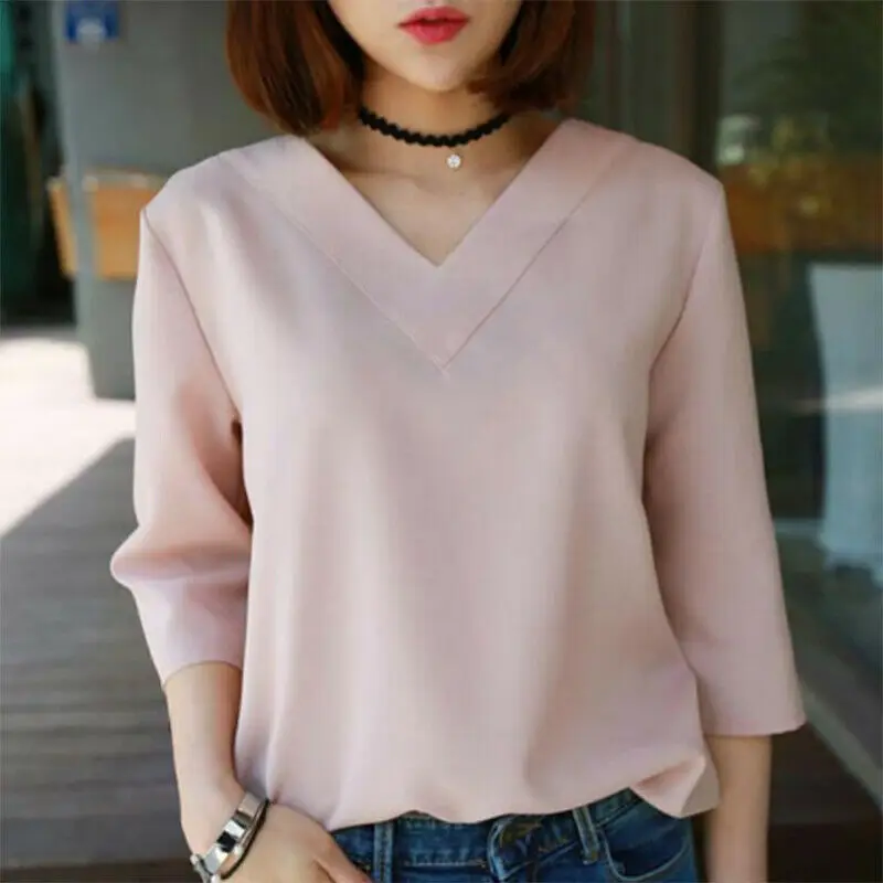 

Korean Style Women V neck Blouse Chiffon Loose Slim Blouse Solid Fashion