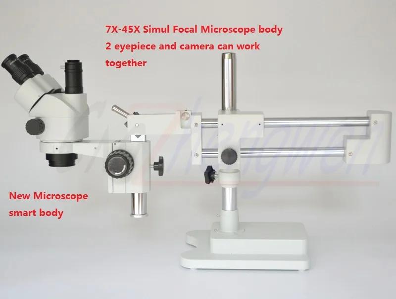 

FYSCOPE NEW SMART MICROSCOPE 7X-45X 50/50 Split Simul-Focal Microscope Double Boom Stand Trinocular Stereo Zoom Microscope + LED