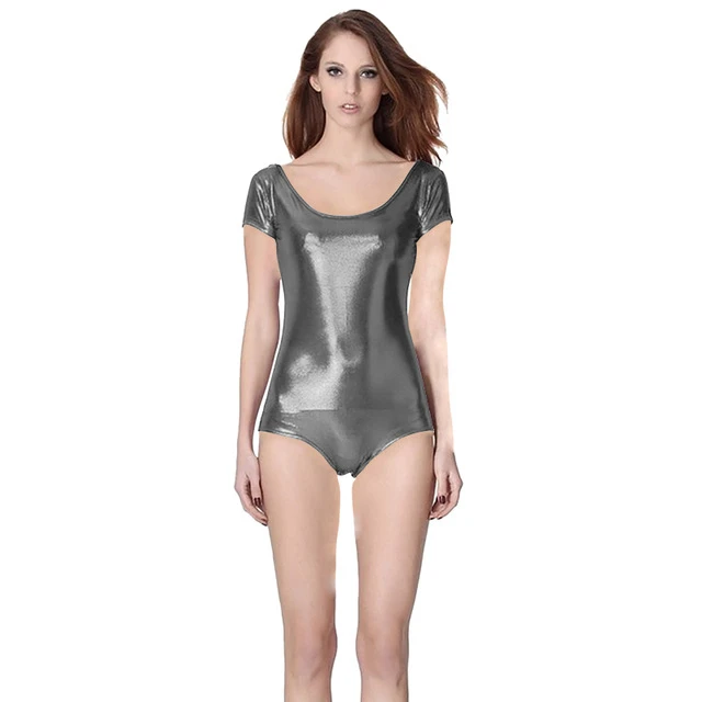 Dark Gray Ensnovo женский металлический блестящий купальник с коротким рукавом цельный гимнастический костюм для балета - Цвет: Dark Gray