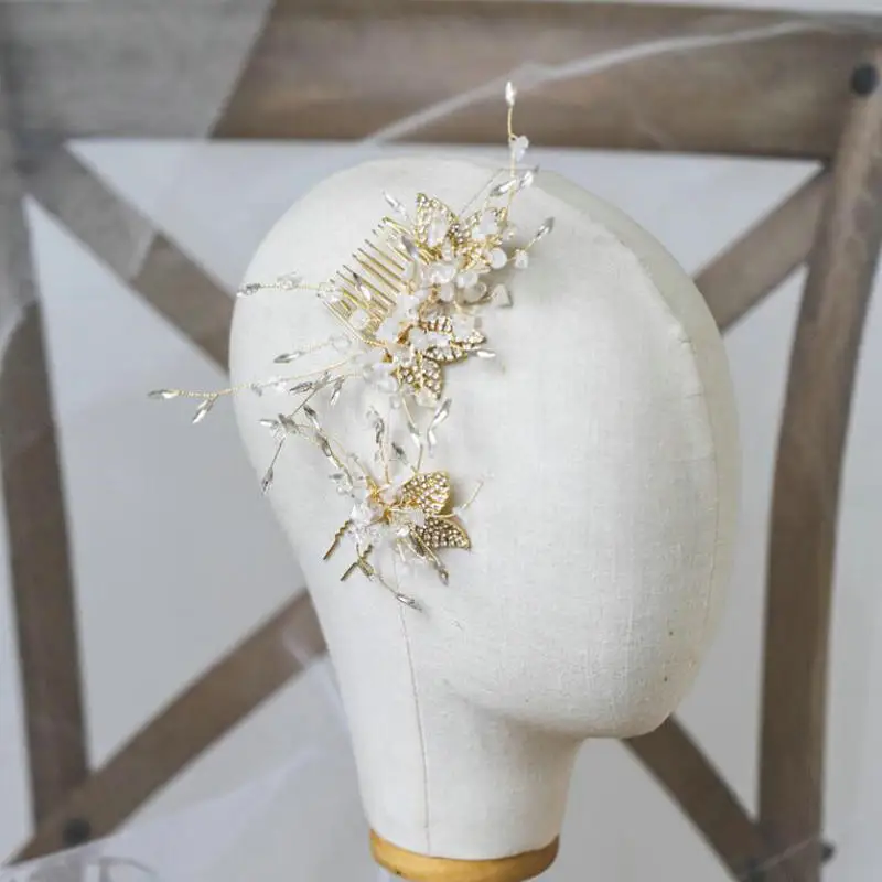 White Crystal Hair Comb Gold Leaves Bridal Accessories For Women Wedding Headpiece Jewelry | Украшения и аксессуары