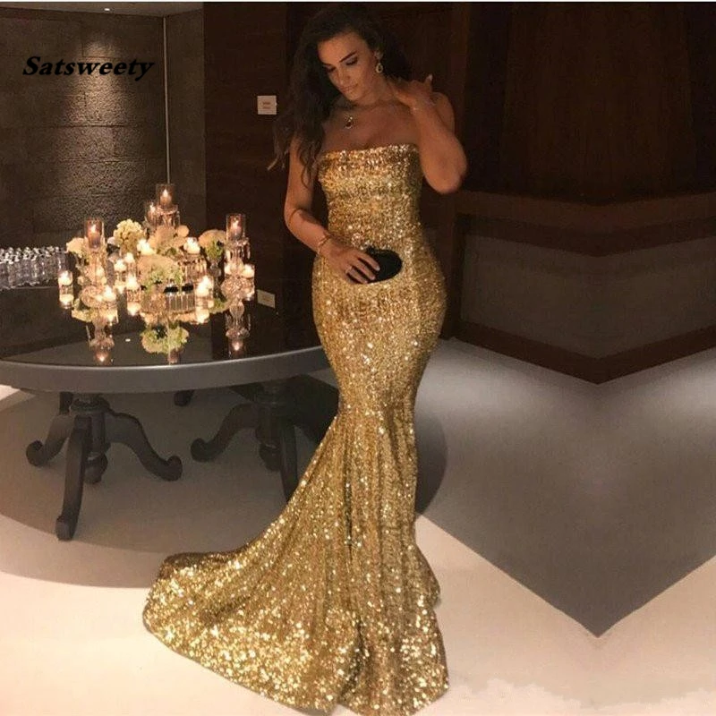 

Strapless Sequins Gold Mermaid Evening Gowns Floor Length Plus Size Silver Sparkly Women Prom Dresses
