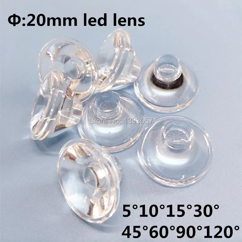 Lentes led de alta potencia de 1w y 3w, lente óptica led pmma de 20mm, ángulo de 5, 10, 15, 30, 45, 60, 90, 120 grados, excelente calidad