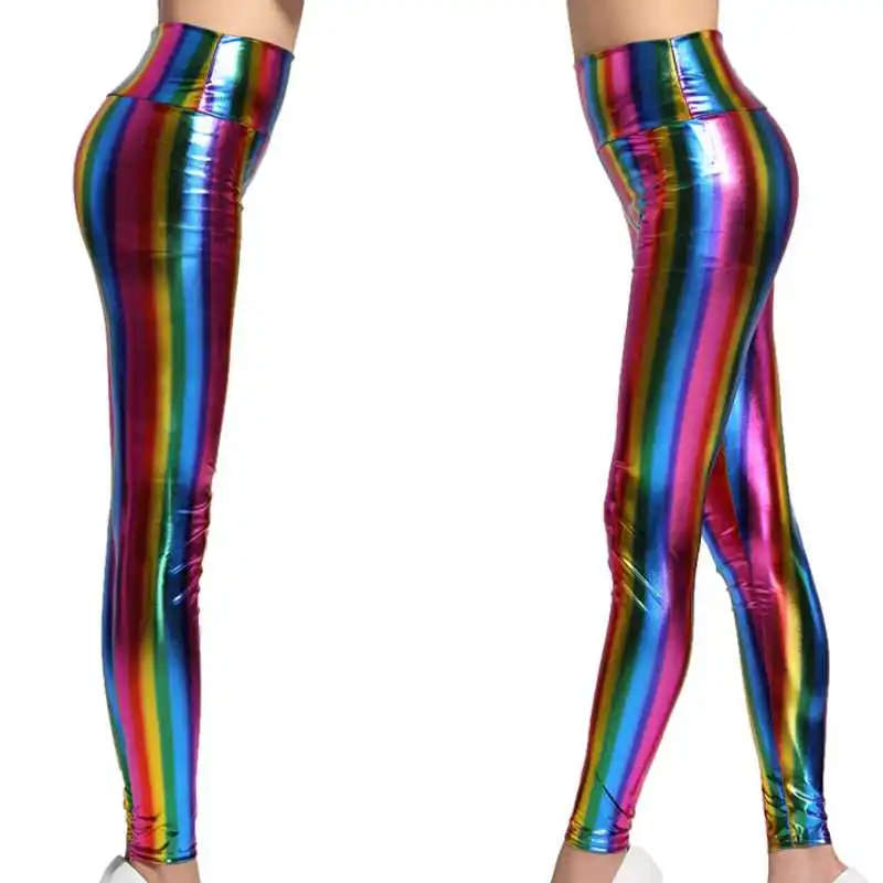 high waist Женские уличные радужные полосатые леггинсы с эффектом пуш-ап и высокой талией, неоновые обтягивающие леггинсы из искусственной кожи, женские танцевальные штаны в стиле рок-диско - Цвет: high waist