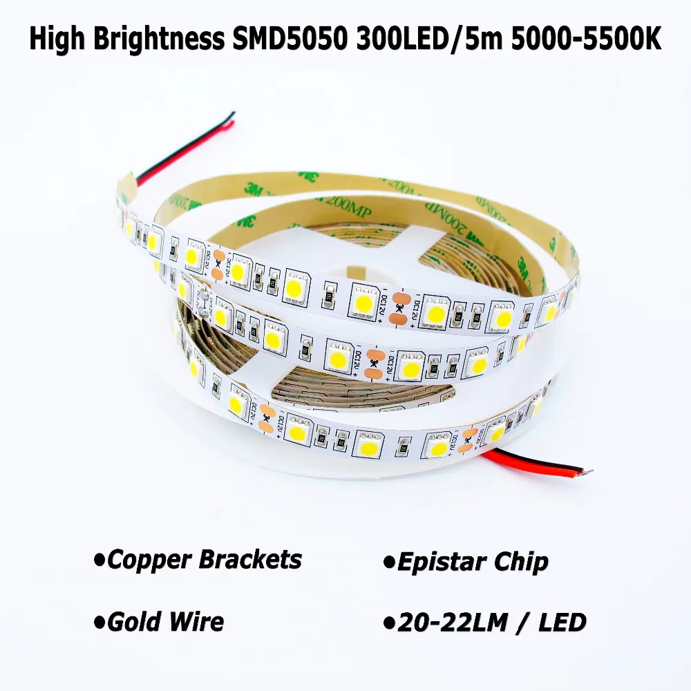 Высококачественная Светодиодная лента естественного белого цвета 5000K - 5500K высокая яркость SMD5050 светильник та, 60 светодиодов/м, светодиодов, 12 В постоянного тока