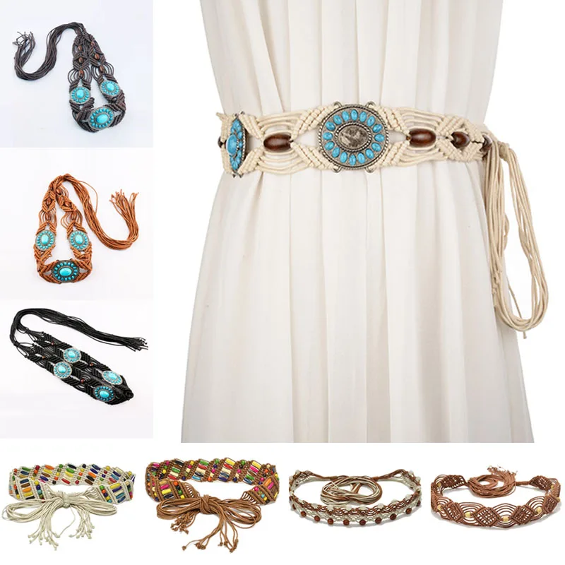 

Bohemian Ethnic Style Wind Belt Wax Rope Woven Handmade Wooden Bead Waistbands Chain Skirt Dress Belt Accessories 2021 New