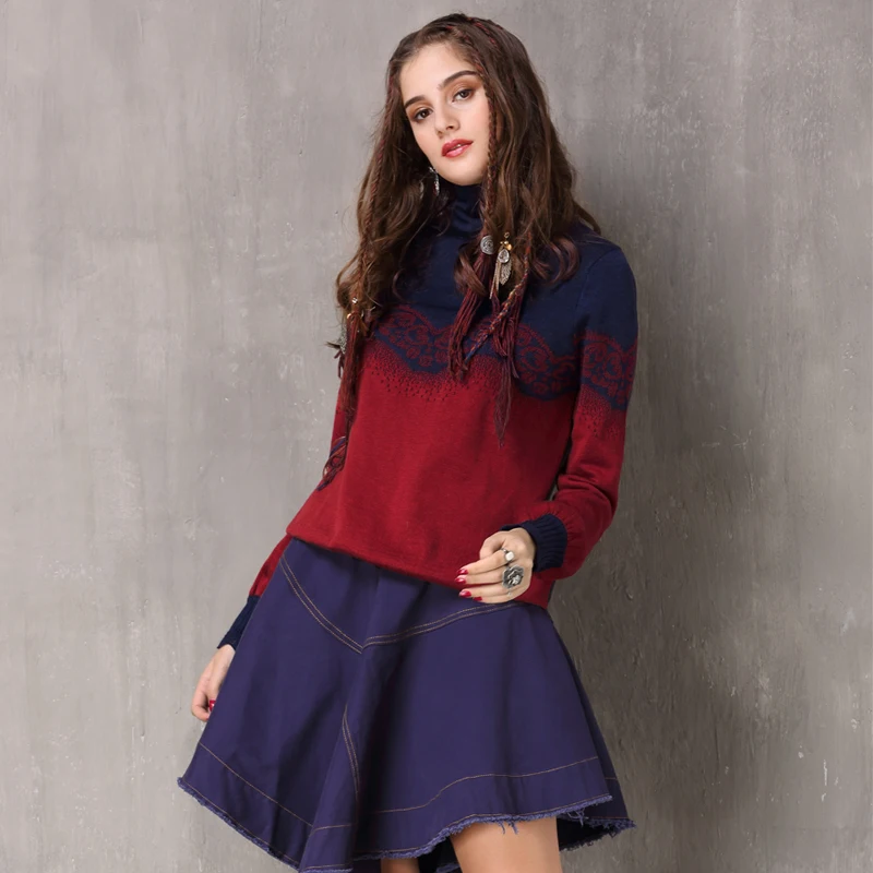 Christmas Sweater For Women 2017 Yuzi.may Boho Winter New Cotton Wool Pullover Turtleneck Lantern Sleeve Jacquard Sweaters B9251 | Женская