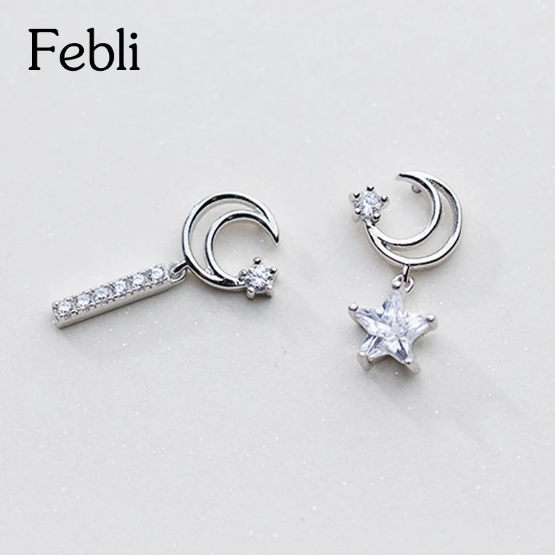Febli S925 серебро асимметрия Moon звезды серьги фианит розовое золото цвет