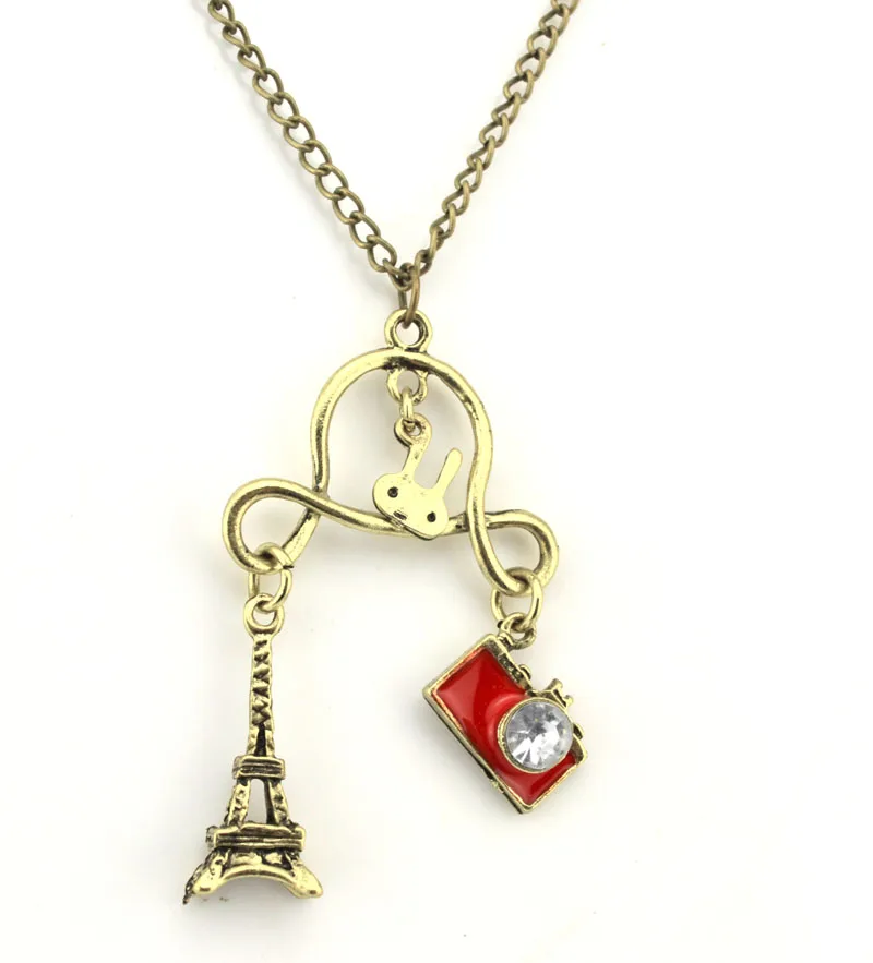 Women Gift Vintage Style Rabbit Camera Eiffel Tower Charms Pendant Necklace Retro Metal Necklaces Long Chain Jewelry | Украшения и