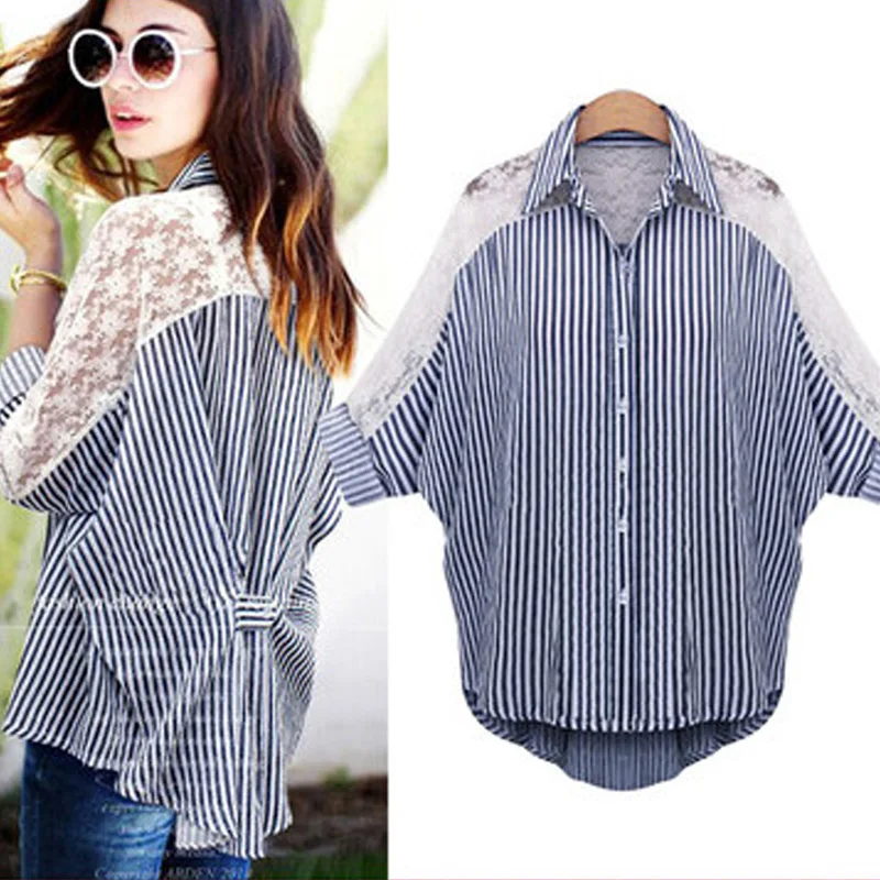 Yibaka women 2018 batwing sleeve turn down collar lace shirt blouse loose casual long striped |