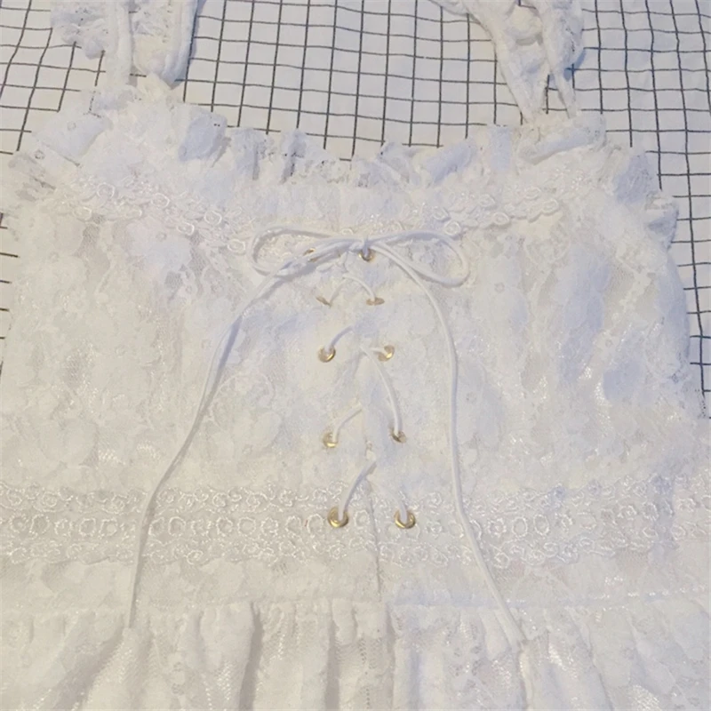 

Women Lolita Princess Dress Lace Japan Style White Sweet Spaghetti Strap Mini A-Linen Dresses Summer Streetwear Fashion 225-141