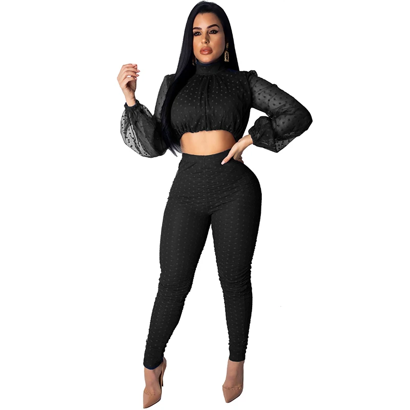 Perspective dot mesh long-sleeved short jacket nine points trousers split two-piece free shipping | Женская одежда