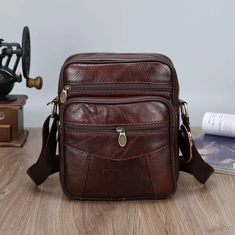 C Brownish Red QiBoLu, мужские сумки из натуральной коровьей кожи с клапаном,, дорожная деловая сумка-мессенджер, мужская повседневная одноцветная сумка через плечо на молнии - Цвет: C Brownish Red