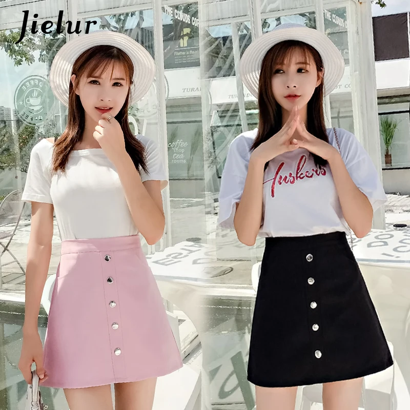 Jielur розовый черный однобортный Женская Однотонная юбка милый стиль Kpop женские