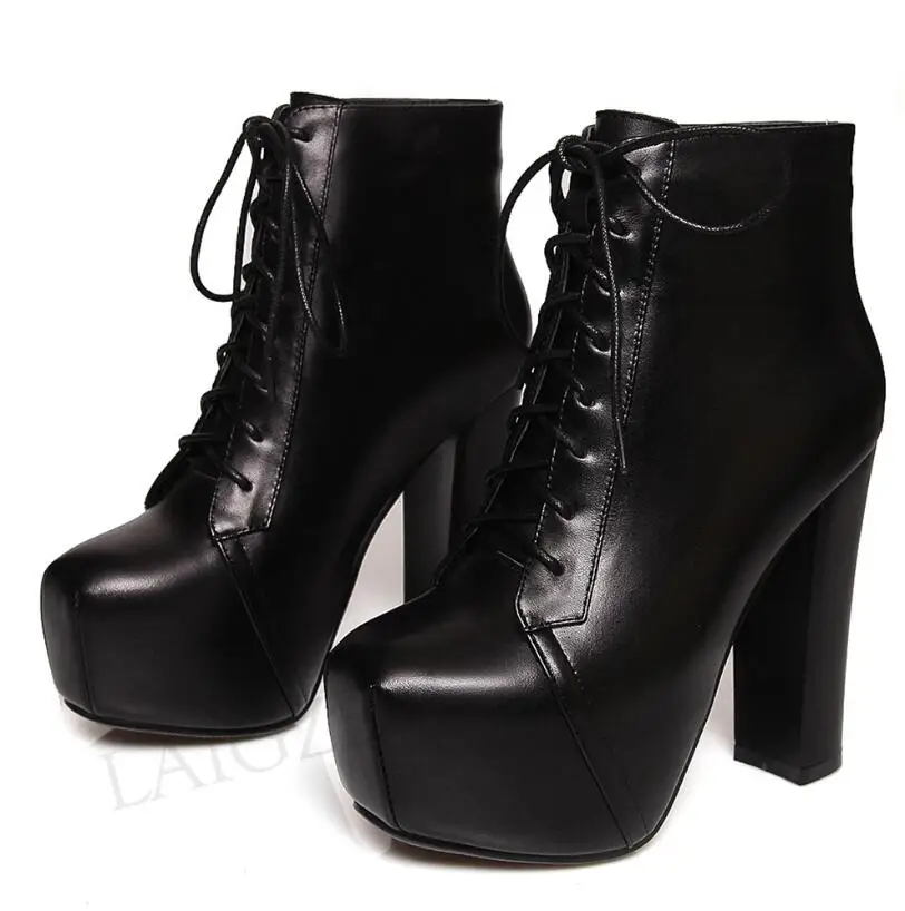 LGZ486 Black LAIGZEM/женские ботильоны из натуральной кожи короткие ботинки на массивном каблуке г. Удобная женская обувь на шнуровке женские размеры 32-41 - Цвет: LGZ486 Black