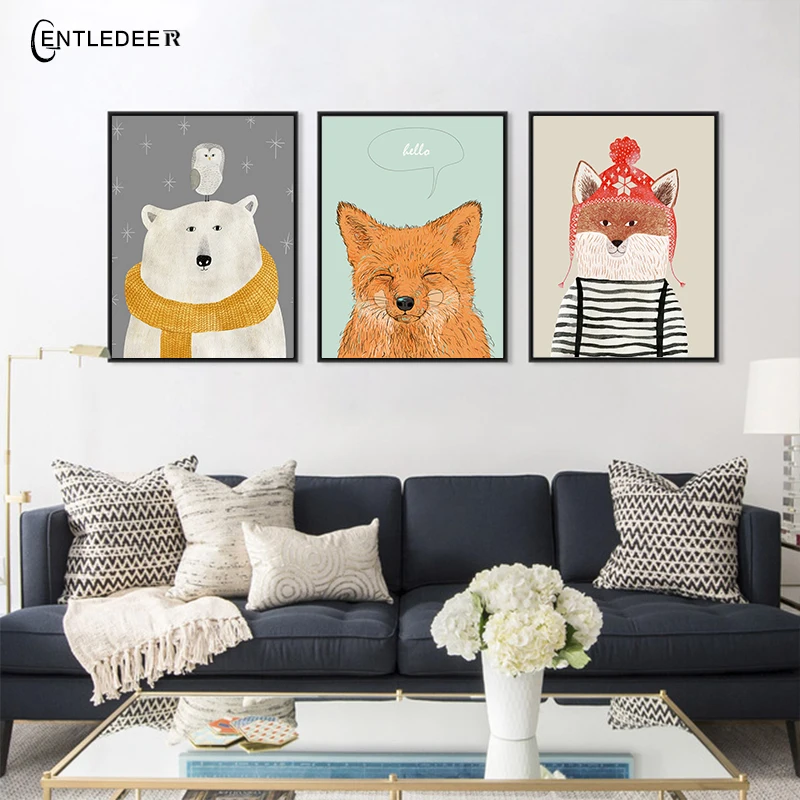 Nordic Cute Animal Wall Art Poster Bear Fox Canvas Painting Home Decoration On The Living Room No Frame Pictures | Дом и сад