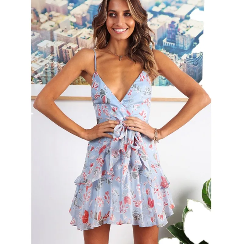 Женское платье с цветочным принтом Boho Летнее мини прямой бретелькой и