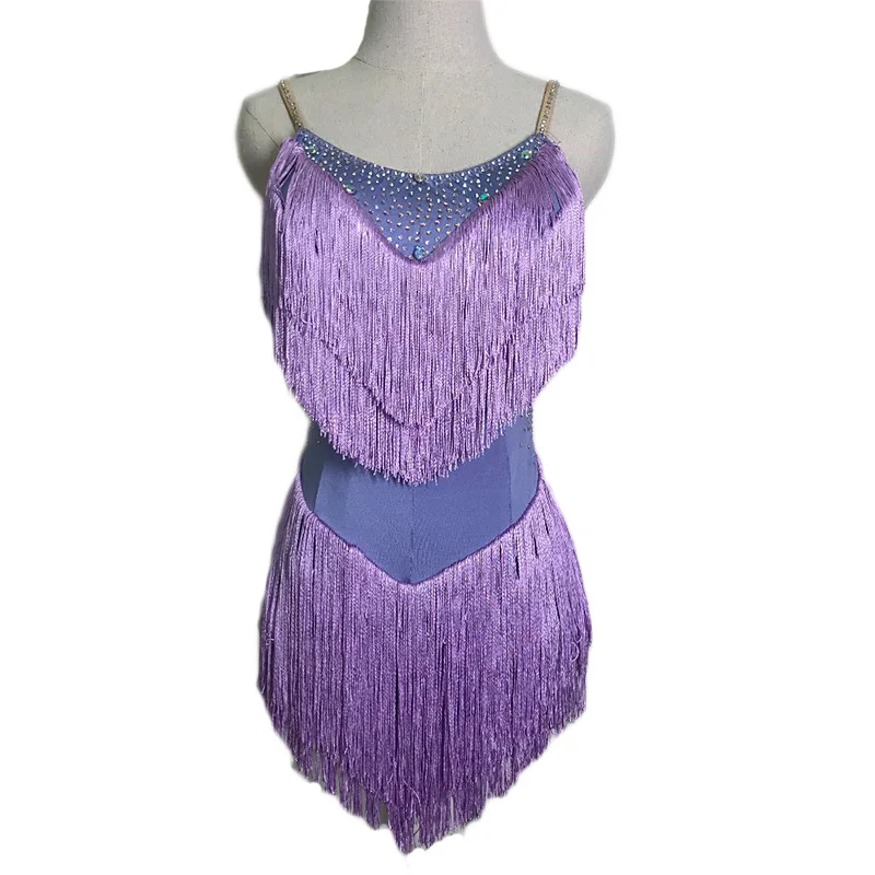 Light Purple Dress Лидер продаж, платья для латинских танцев для женщин, черные кружевные Клубные вечерние платья для танцовщицы, певицы, артиста, черное платье с бахромой DM1034 - Цвет: Light Purple Dress