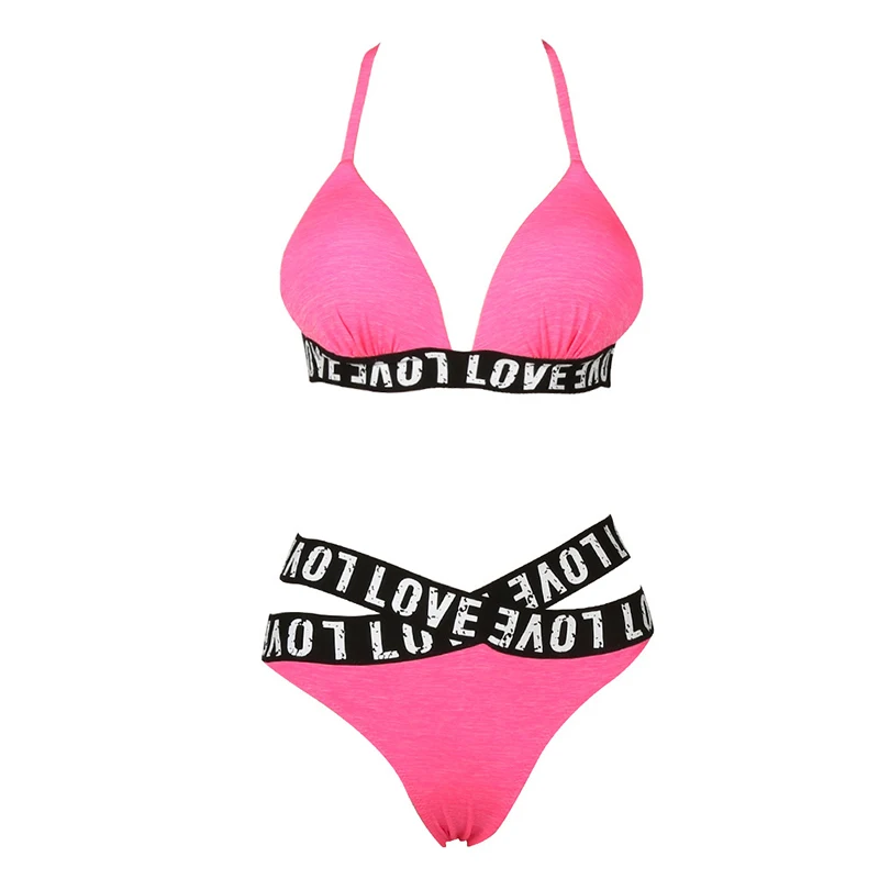 Sexy Pink Alphabet Cross Bikini 2017 Bandage Brazilian Swimsuit Women Padded Swimwear Set Wrap Top Bathing Suits Biquini |