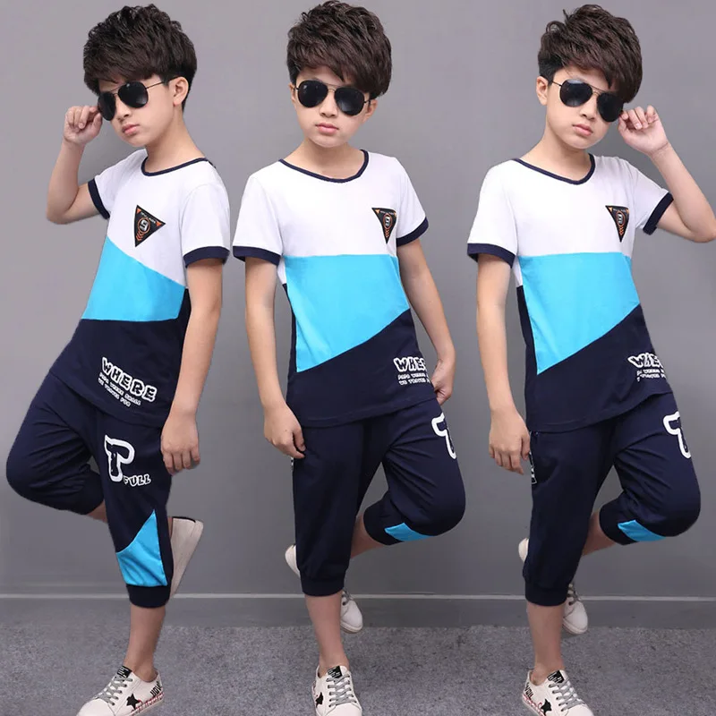 Active Teen Boys Clothing Sets Summer Cotton Child Tracksuit 2 Pcs Casual Letter Patchwork Tshirt Pants Kids Clothes Sports Suit |